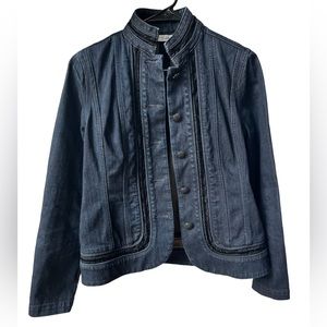 Chico's Platinum Dark Wash Black Velvet Lace Trim Stretch Denim Jacket